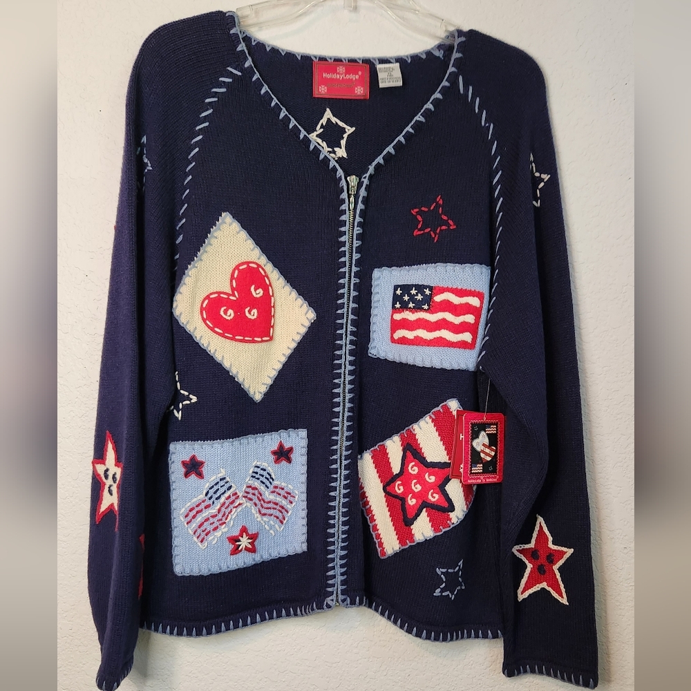 NWT Holiday Lodge 4th of July, Americana Themed, Full-Zip Cardigan, Size‎ XL